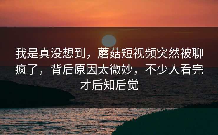 我是真没想到,蘑菇短视频突然被聊疯了,背后原因太微妙,不少人看完才后知后觉 我是真没想到,蘑菇短视频突然被聊疯了,背后原因太微妙,不少人看完才后知后觉